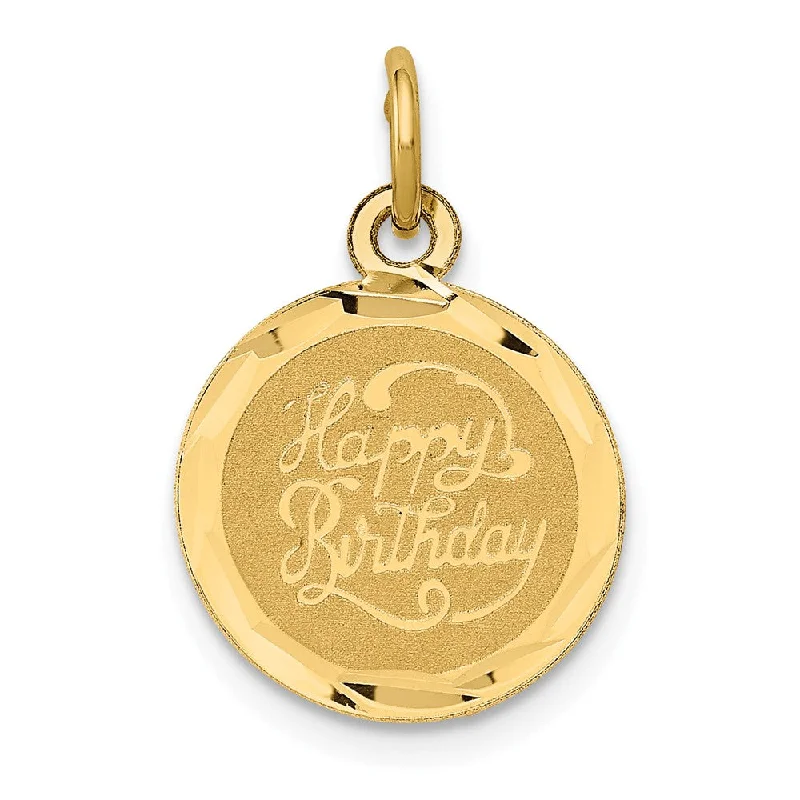 14k Yellow Gold Script Happy Birthday Disc Charm or Pendant, 13mm