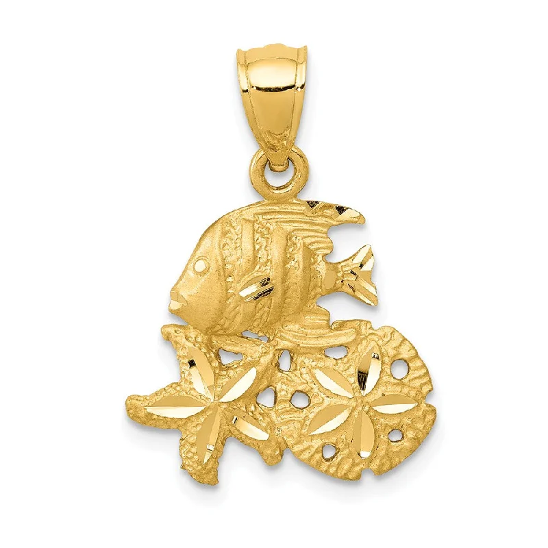 14k Yellow Gold Small Satin & Diamond-Cut Sea Life Pendant, 16 x 23mm