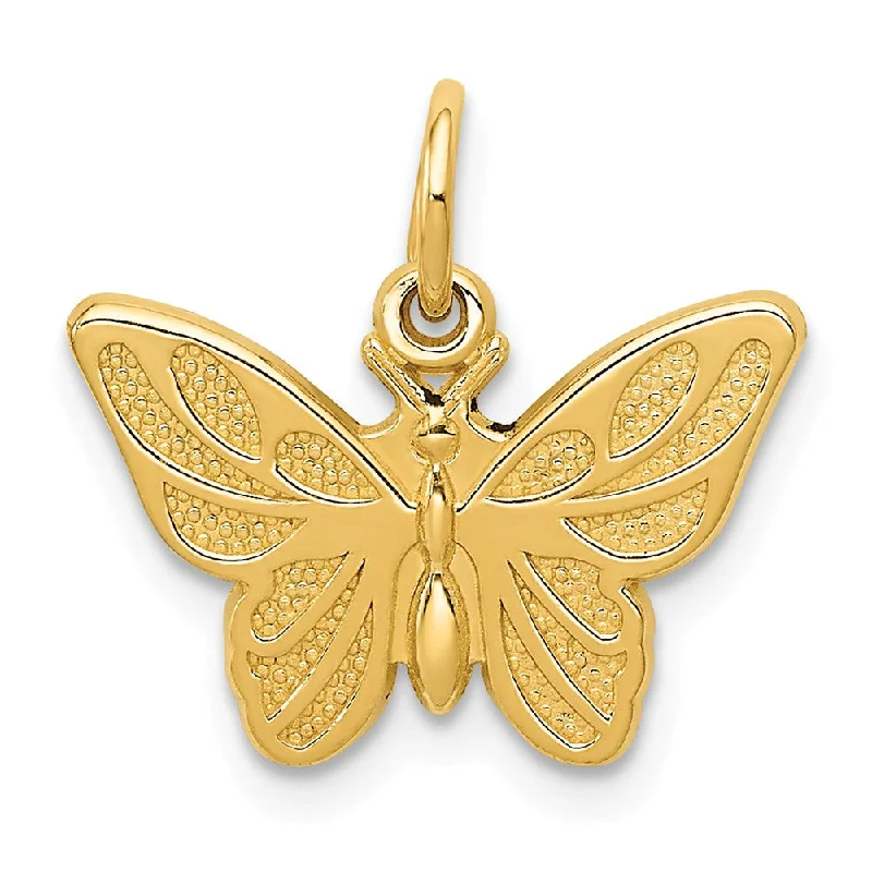 14k Yellow Gold Textured and Polished Butterfly Pendant, 17mm