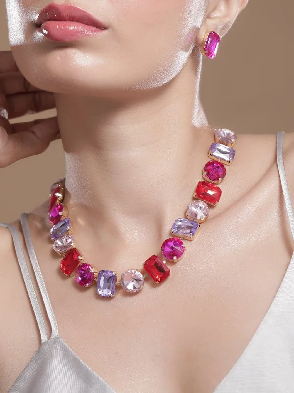 Get The Sparkle You Love At Prices You Adore 18K Gold Plated Multicolor Crystal AD Studded Statement Necklace Set