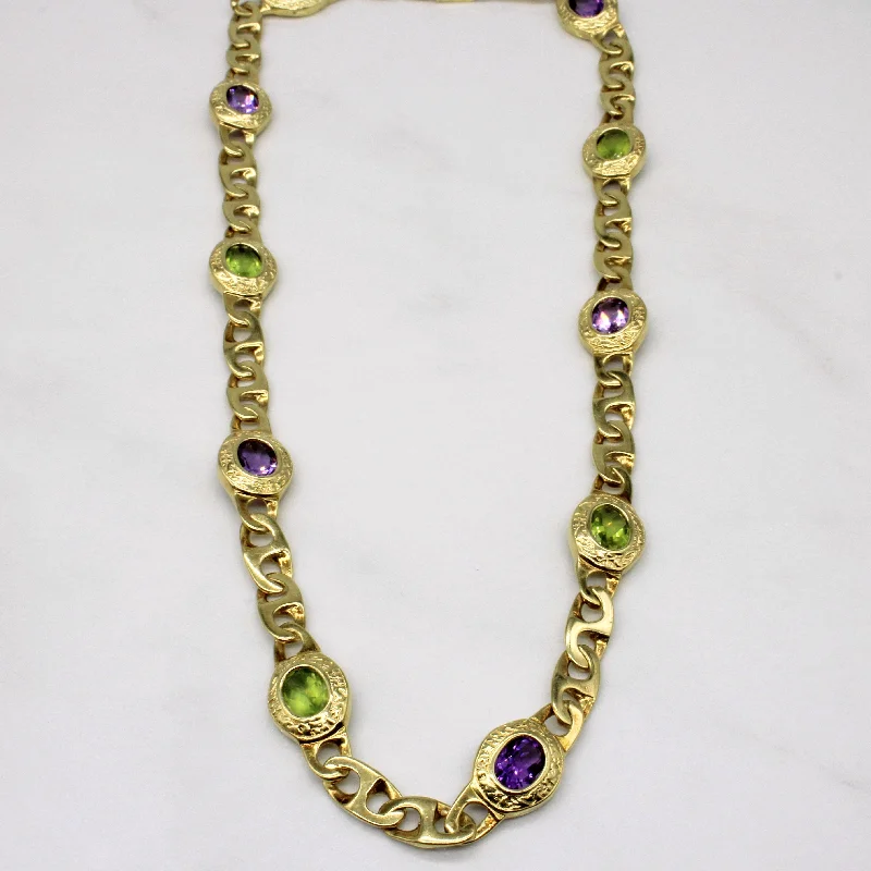 14k Yellow Gold Amethyst and Peridot Chain Necklace | 7.90ctw | 16"