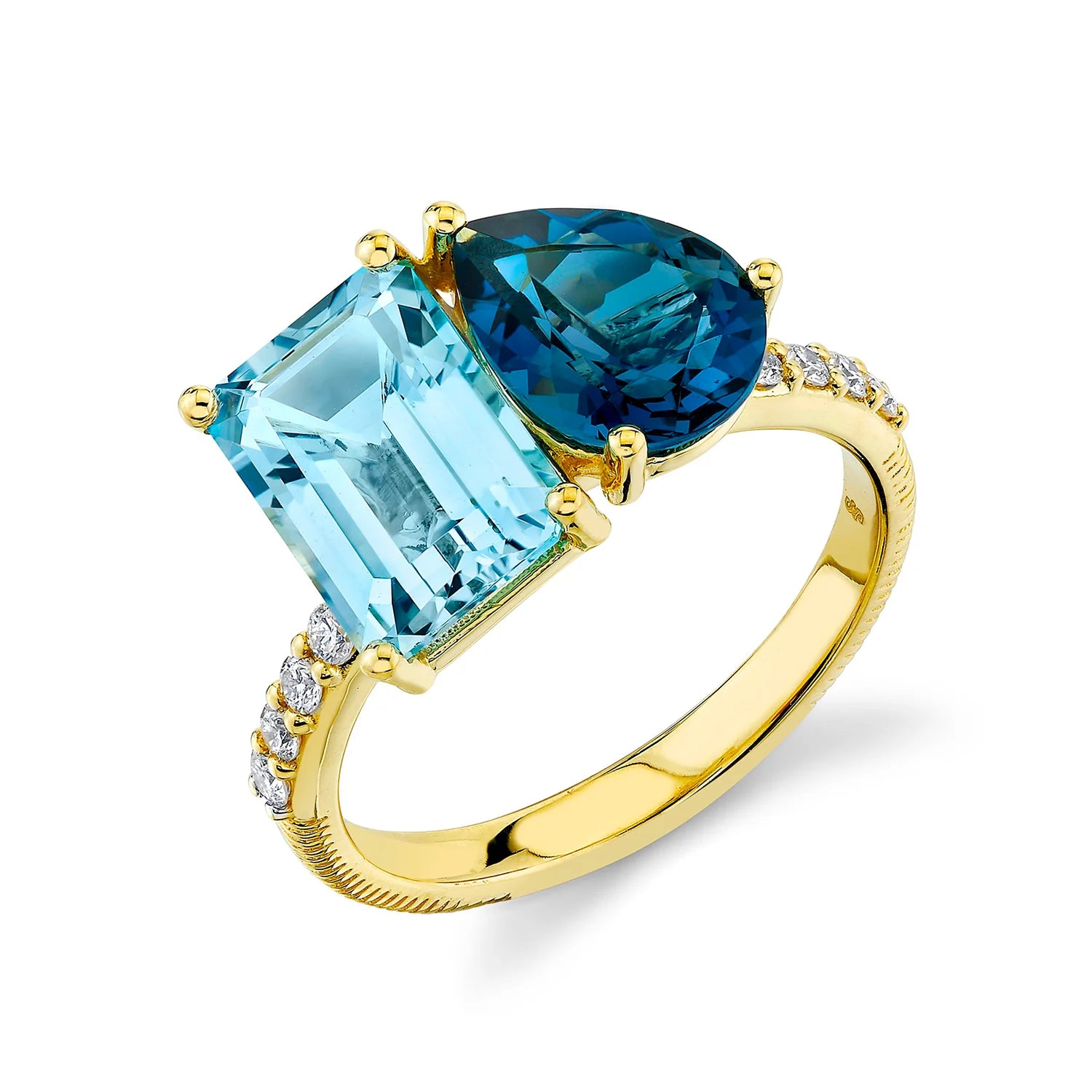 Discounted Jewelry For A Glamorous Look Two-Stone Blue Topaz Ring with Diamonds