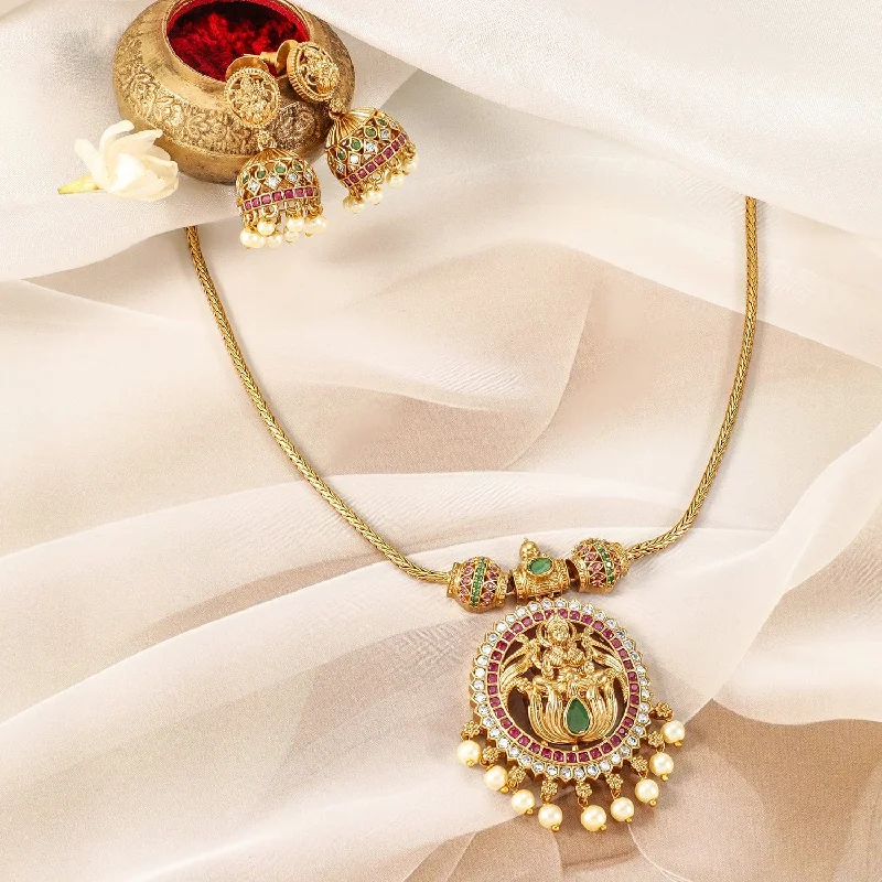 Elevate Your Jewelry Collection With Limited-Time Savings 22K Gold-Plated Ruby, Emerald & CZ Studded Laxmi Temple Necklace Set with Pearl Drop