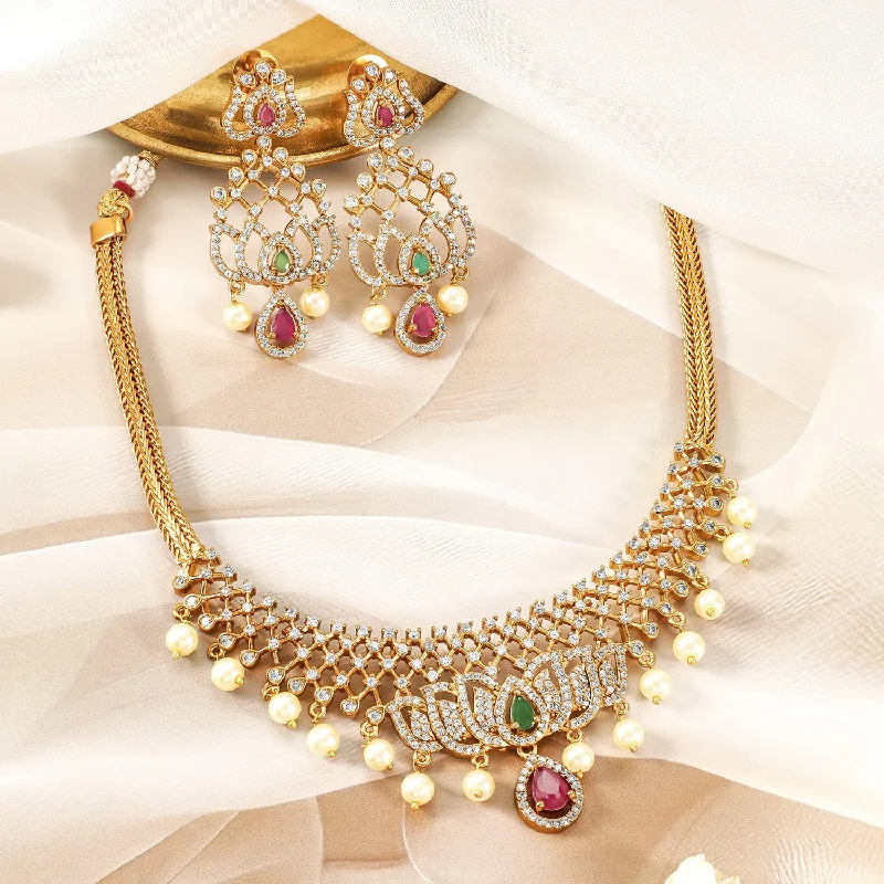 Final Call – Shop Exquisite Jewelry Before It's Gone 22K Gold-Plated Ruby, Emerald & CZ Studded Lotus Motif Jewellery Set with Pearl Drop