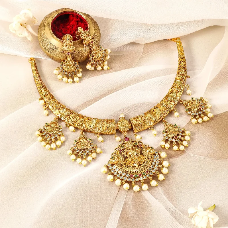 Exclusive Savings On Timeless Jewelry Pieces 22K Gold-Plated Ruby, Emerald & CZ Studded Pearl Drops Lakshmi Temple Necklace Set