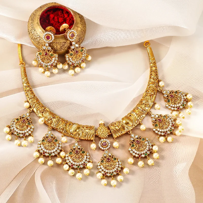 Affordable Elegance – Premium Jewelry At Special Prices 22K Gold-Plated Ruby, Emerald & CZ Studded Temple Jewellery Set with Pearl Accents