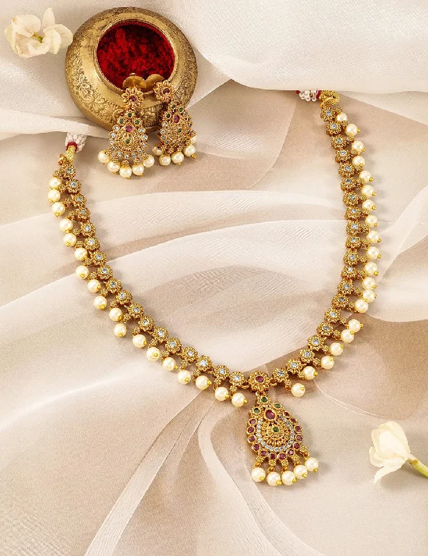 Chic And Stylish Jewelry At Discounted Prices 22K Gold-Plated Ruby & Emerald Kundan and CZ Studded Jewellery Set with Pearl Beads