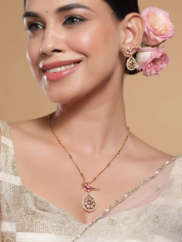 Elegant Jewelry Styles At Budget-Friendly Prices Rubans 22K Gold-Plated Ruby & Kundan with Cubic Zicronia Studded Peacock Design Necklace Set Elegant Jewelry Styles At Budget-Friendly Prices Rubans 22K Gold-Plated Ruby & Kundan with Cubic Zicronia Studded Peacock Design Necklace Set