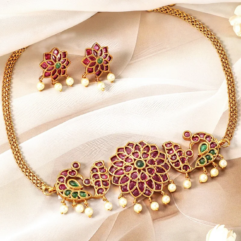High-End Sparkle, Low-End Prices – Shop Now 22K Gold-Plated Ruby Pink & Emerald Kundan Studded Choker set with Pearl Accents
