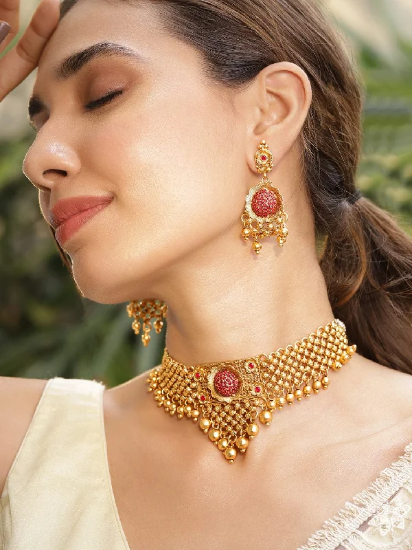 Bohemian-Inspired Jewelry For Free-Spirited Fashion 22K Gold Plated Ruby Stone Studded with Gold Beads Choker Set Bohemian-Inspired Jewelry For Free-Spirited Fashion 22K Gold Plated Ruby Stone Studded with Gold Beads Choker Set