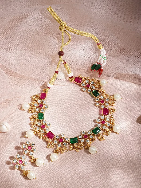 Trending Jewelry Styles Now At Limited-Time Discounts 22KT Gold Plated Brass Red And Green Stone Studded Pearls Hanging Jewellery Set Trending Jewelry Styles Now At Limited-Time Discounts 22KT Gold Plated Brass Red And Green Stone Studded Pearls Hanging Jewellery Set