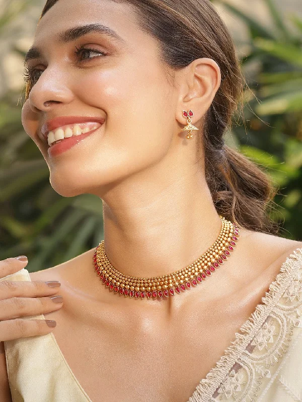 Clearance Sale On High-End Jewelry Collections 22KT Gold Plated Brass Red Stone Studded Necklace Set Clearance Sale On High-End Jewelry Collections 22KT Gold Plated Brass Red Stone Studded Necklace Set