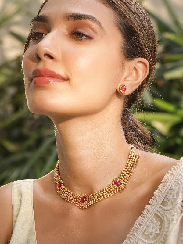 Special Offers On Handcrafted And Designer Jewelry 22KT Gold Plated Brass Red Stone Studded Necklace Set Special Offers On Handcrafted And Designer Jewelry 22KT Gold Plated Brass Red Stone Studded Necklace Set