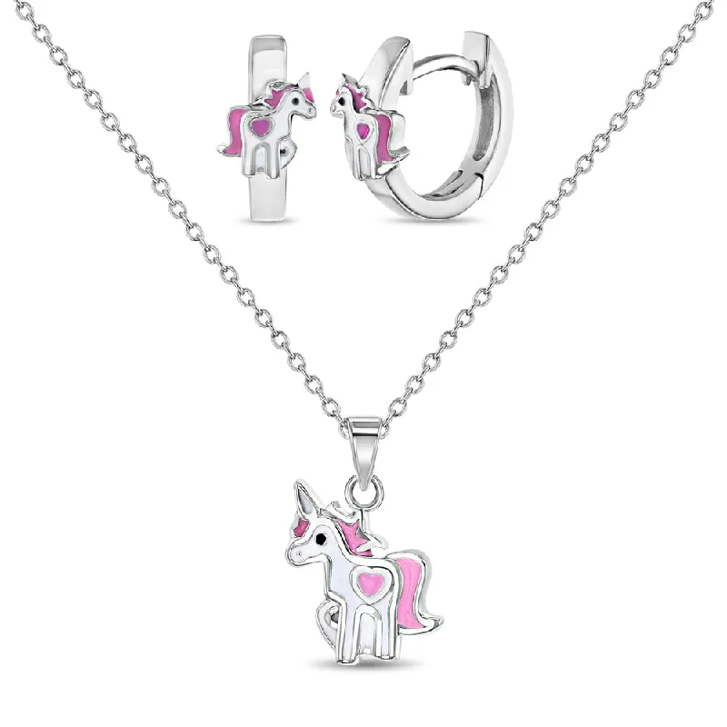 Big Savings On Your Favorite Jewelry Pieces 925 Sterling Silver Beautiful Pink & White Enamel Unicorn Jewelry Set for Young Girls