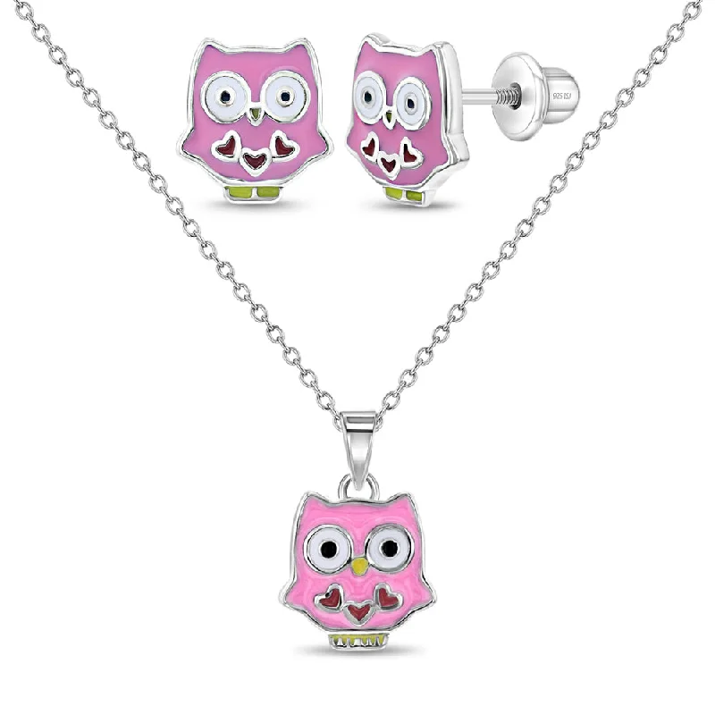 Jewelry Clearance Event – Last Chance For Stunning Deals 925 Sterling Silver Multicolor Enamel Cute Owl Earrings & Necklace Set for Young Girls