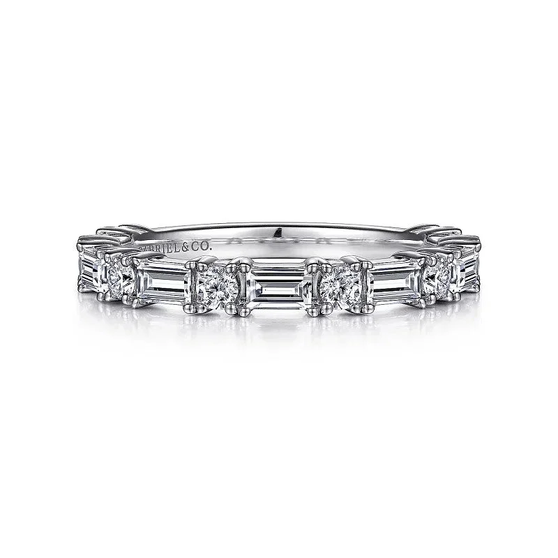 Jewelry Clearance – Final Chance To Save Big Aggie - 14K White Gold Baguette and Round Diamond Anniversary Band - 0.99 ct