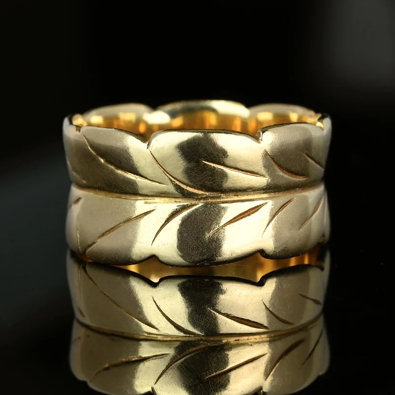 Antique Engraved Leaf Wide 14K Gold Band Ring