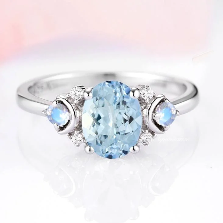 Aquamarine & Moonstone Ring- 925 Sterling Silver