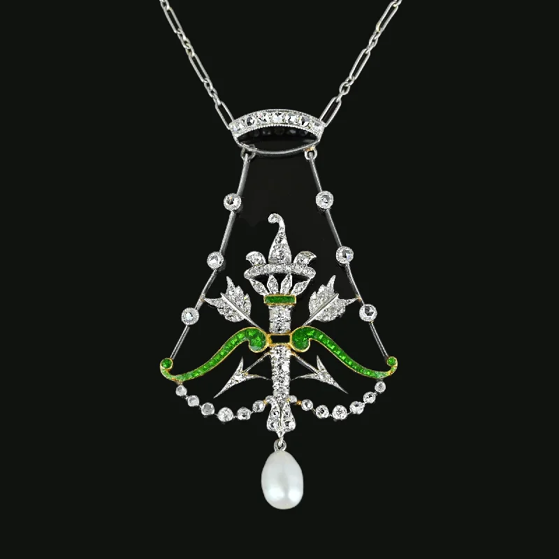 Art Deco Arrow & Crown Enamel Emerald Diamond Necklace