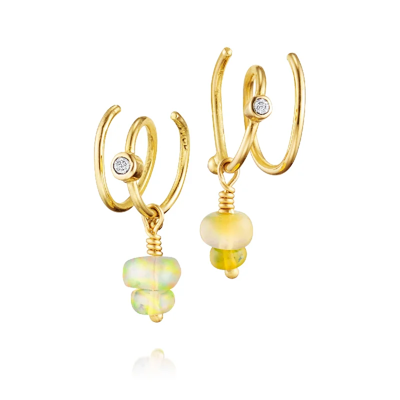 Exclusive Online Discounts On Stylish Jewelry Spiral 18K Gold Hoops w. Diamonds & Opals
