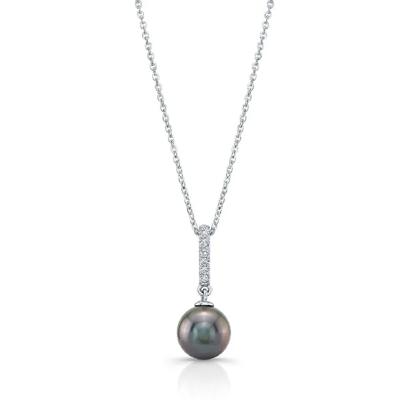 Black Pearl And Diamond Straight Drop Pendant In 14k White Gold (9.0-9.5mm) (si)