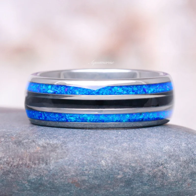 Handcrafted Jewelry Sale – Unique Designs At Low Prices Blue Fire Opal & Black Onyx Wedding Band- 8MM Tungsten Handcrafted Jewelry Sale – Unique Designs At Low Prices Blue Fire Opal & Black Onyx Wedding Band- 8MM Tungsten