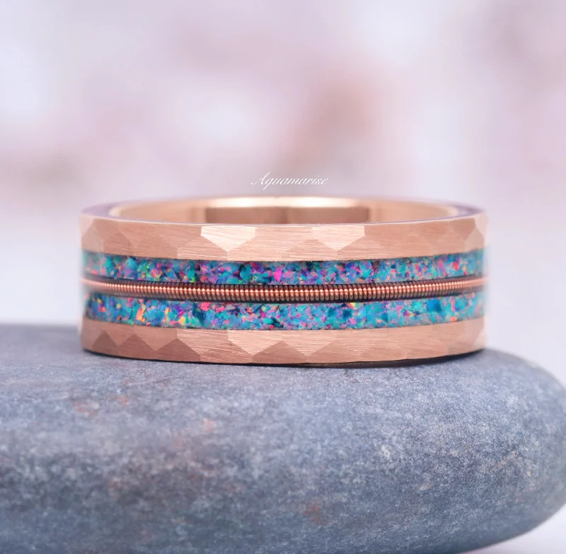Limited-Time Offer On Elegant Jewelry Pieces Blue Fire Opal & Guitar String Wedding Band- 8MM Rose Gold Tungsten Limited-Time Offer On Elegant Jewelry Pieces Blue Fire Opal & Guitar String Wedding Band- 8MM Rose Gold Tungsten