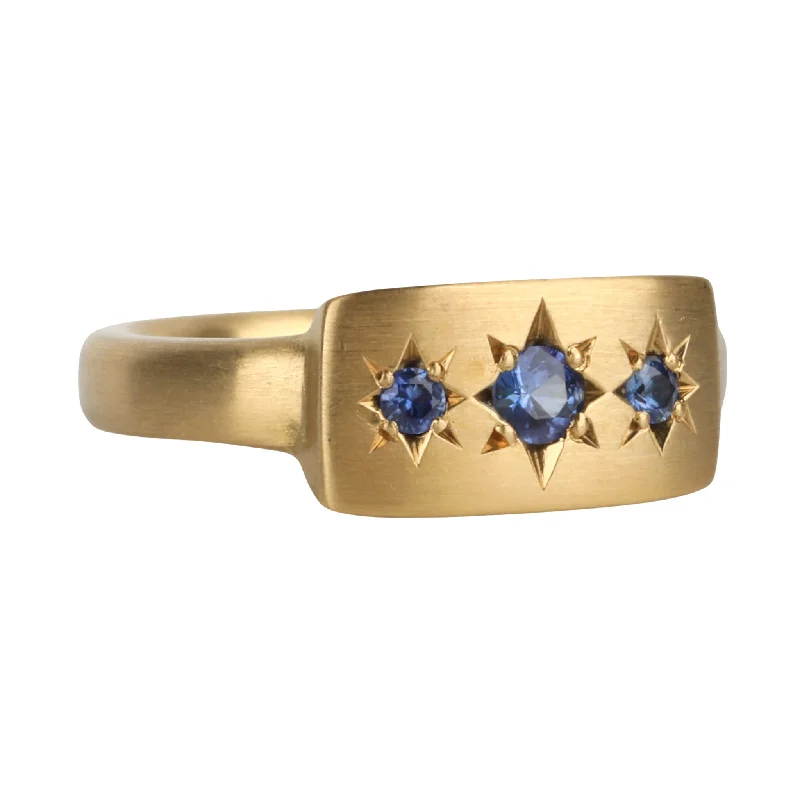 Must-Have Jewelry Pieces At Reduced Prices 20K Chunky Curved Signet Ring with Three Star-Set Blue Sapphires Must-Have Jewelry Pieces At Reduced Prices 20K Chunky Curved Signet Ring with Three Star-Set Blue Sapphires