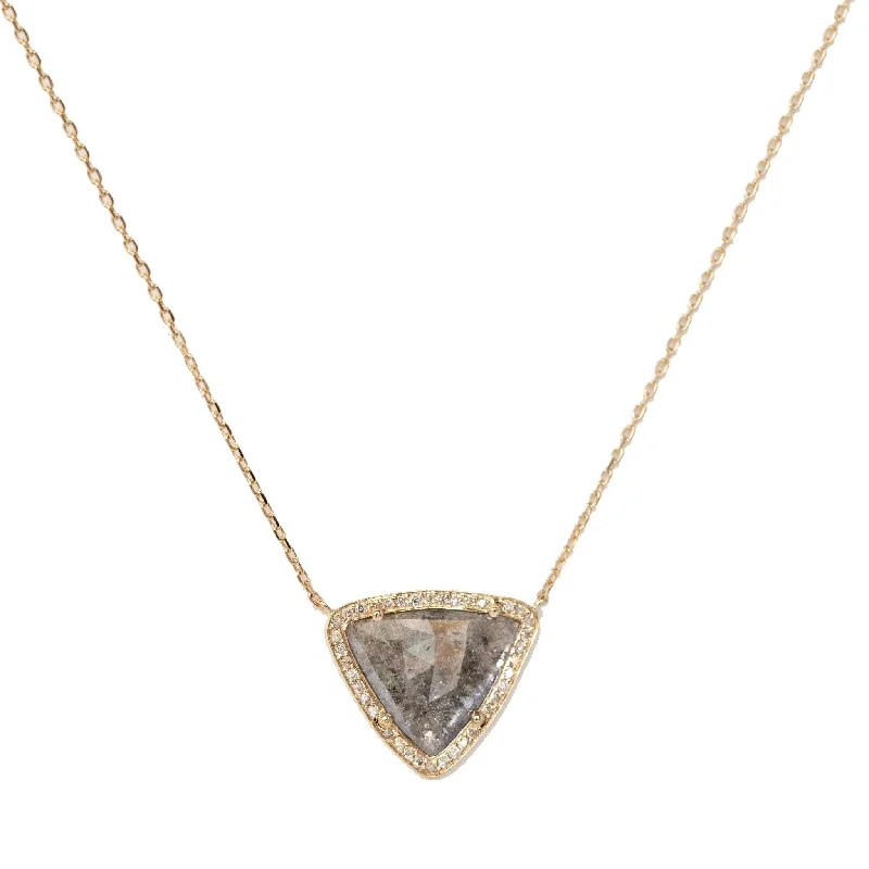 Save On Luxury Jewelry Pieces – Limited-Time Offers 14 Karat Yellow Gold "Stella" Triangular Grey Diamond Slice Necklace with Pave Diamond Halo Save On Luxury Jewelry Pieces – Limited-Time Offers 14 Karat Yellow Gold "Stella" Triangular Grey Diamond Slice Necklace with Pave Diamond Halo