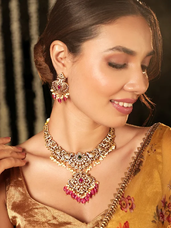 Classic And Modern Jewelry Styles On Sale Rubans Opulent Allure 22K Gold-Plated AD Pearl Beaded Jewelry Set
