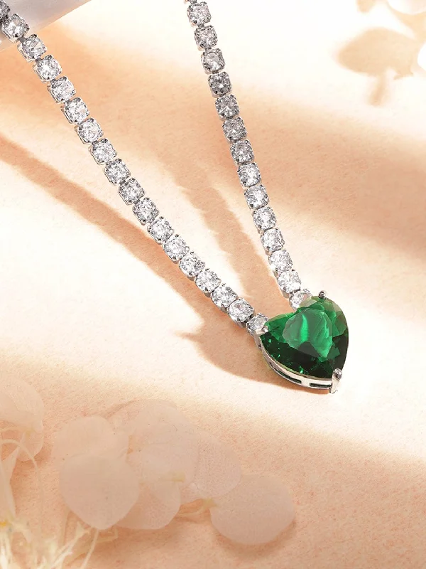 Unmissable Jewelry Sale – Shop Before It's Too Late Rubans Voguish Rodium Silver Plated of Zircon with Green heart shape stone statement necklace Unmissable Jewelry Sale – Shop Before It's Too Late Rubans Voguish Rodium Silver Plated of Zircon with Green heart shape stone statement necklace