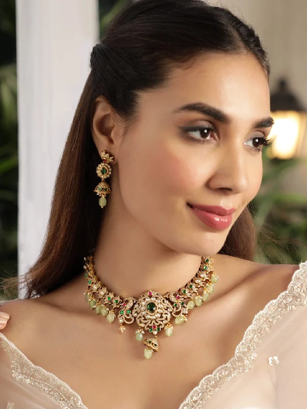 Elegant Jewelry Styles At Budget-Friendly Prices Rubans 22K Gold plated Polki Zirconia Studded Emerald Green Beaded Victorian Necklace Set Elegant Jewelry Styles At Budget-Friendly Prices Rubans 22K Gold plated Polki Zirconia Studded Emerald Green Beaded Victorian Necklace Set