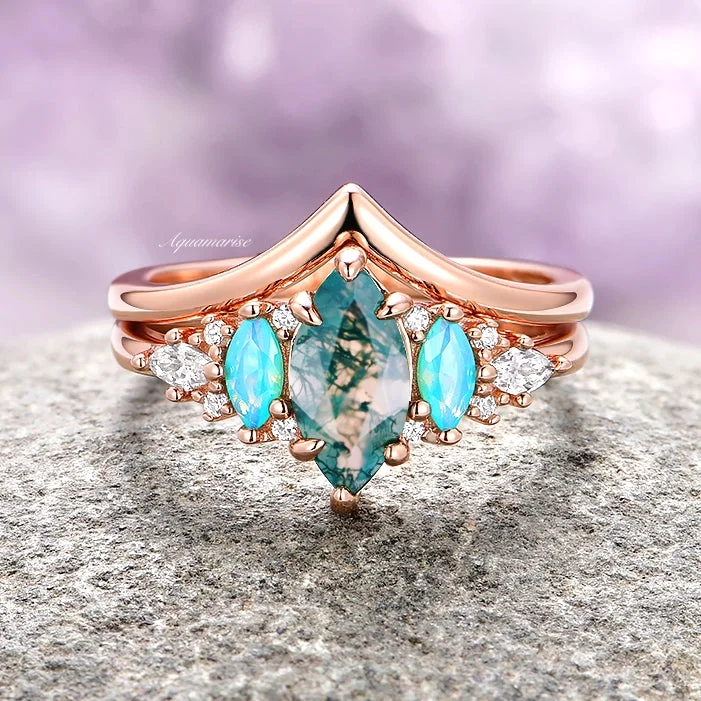 Buy More, Save More On Stunning Jewelry Designs Emerie Moss Agate & Opalescent Sapphire Ring Set- 14K Rose Gold Vermeil Buy More, Save More On Stunning Jewelry Designs Emerie Moss Agate & Opalescent Sapphire Ring Set- 14K Rose Gold Vermeil