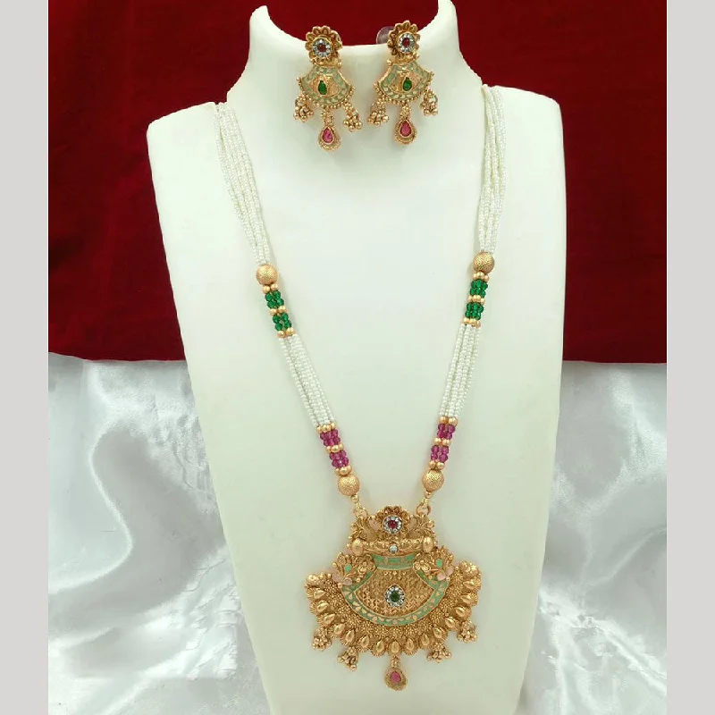 FS Collection Gold Plated Meenakari And Pearls Long Necklace Set