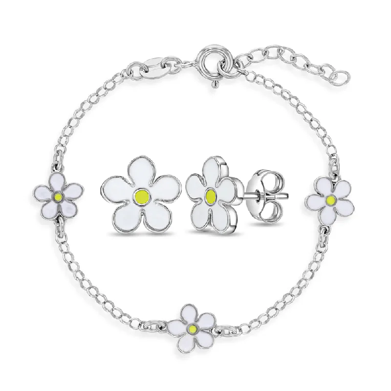 Shine Bright With Our Special Jewelry Promotions Fun Summer Daisy 5.5" Kids / Teen Jewelry Set Enamel - Sterling Silver