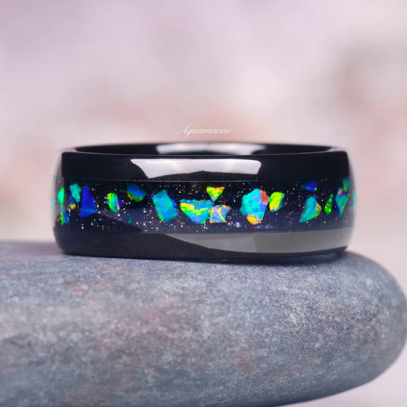 Seasonal Jewelry Deals – Elevate Your Style Green Fire Opal & Starry Night Wedding Band- 8MM Black Tungsten Seasonal Jewelry Deals – Elevate Your Style Green Fire Opal & Starry Night Wedding Band- 8MM Black Tungsten