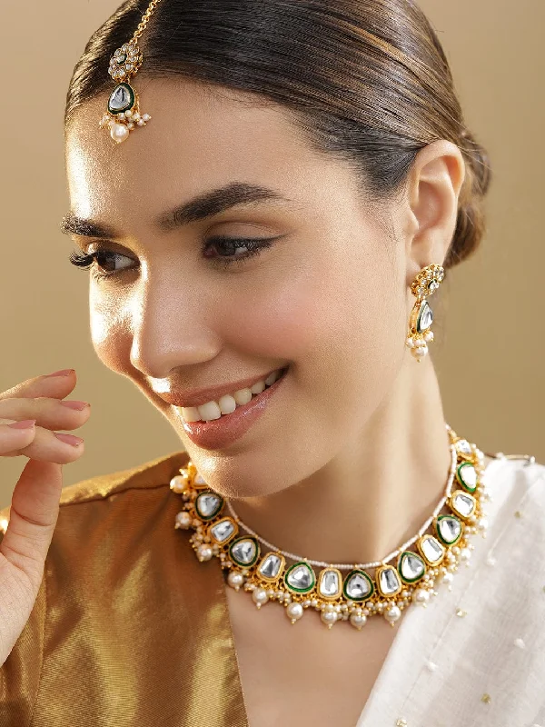 Trendy Minimalist Jewelry For Everyday Wear Gold Plated Kundan & Green Enamelled with White Pearls Jewellery Set Trendy Minimalist Jewelry For Everyday Wear Gold Plated Kundan & Green Enamelled with White Pearls Jewellery Set