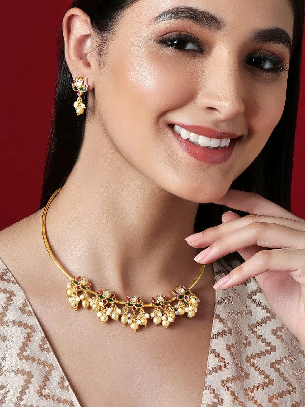 Modern Statement Jewelry For Bold Styling Gold Plated Pink & Red Stone Lotus Flower Necklace Set Modern Statement Jewelry For Bold Styling Gold Plated Pink & Red Stone Lotus Flower Necklace Set
