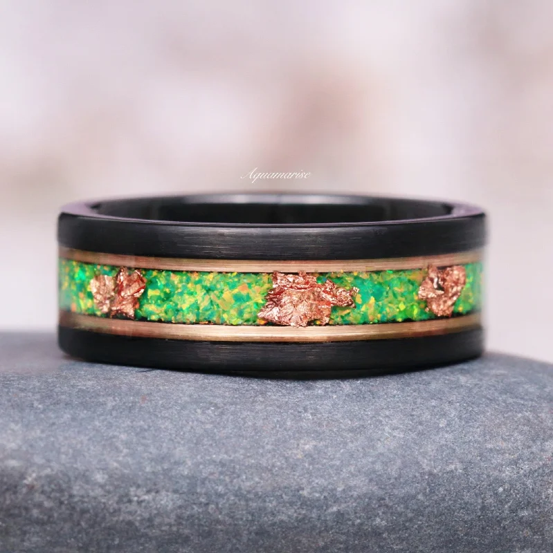Bestselling Jewelry At Special Promotional Rates Green Fire Opal & Leaf Wedding Band- 8MM Rose Gold Tungsten Bestselling Jewelry At Special Promotional Rates Green Fire Opal & Leaf Wedding Band- 8MM Rose Gold Tungsten