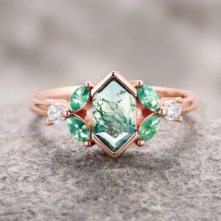Affordable Glamour – Premium Jewelry At Special Prices Hexagon Moss Agate Leaf Ring- 14K Rose Gold Vermeil Affordable Glamour – Premium Jewelry At Special Prices Hexagon Moss Agate Leaf Ring- 14K Rose Gold Vermeil