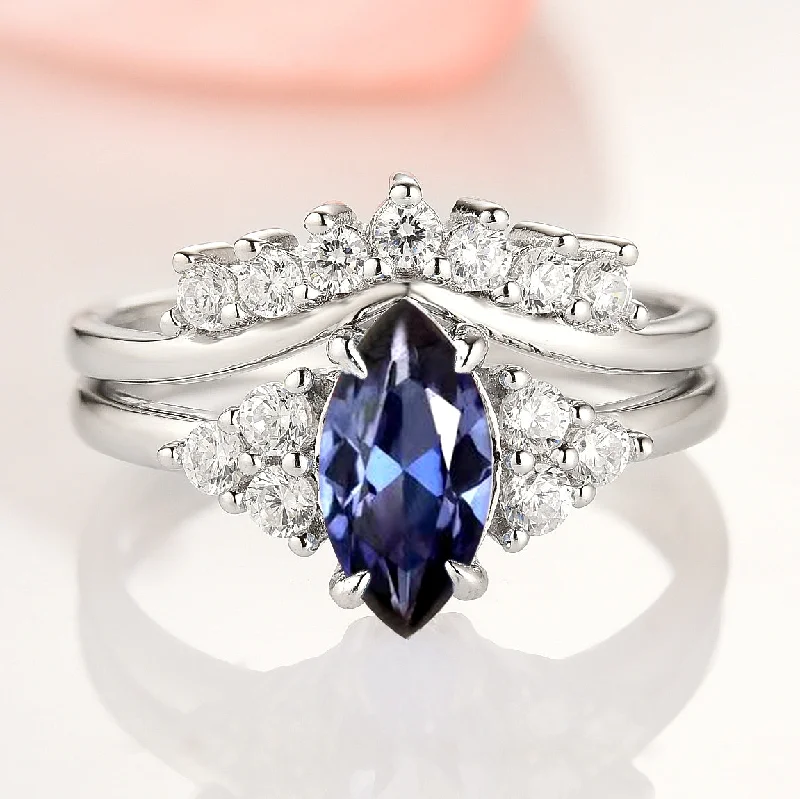 Sparkle In Style With Our Best Jewelry Deals Nadia Marquise Blue Sapphire Bridal Ring Set- Sterling Silver
