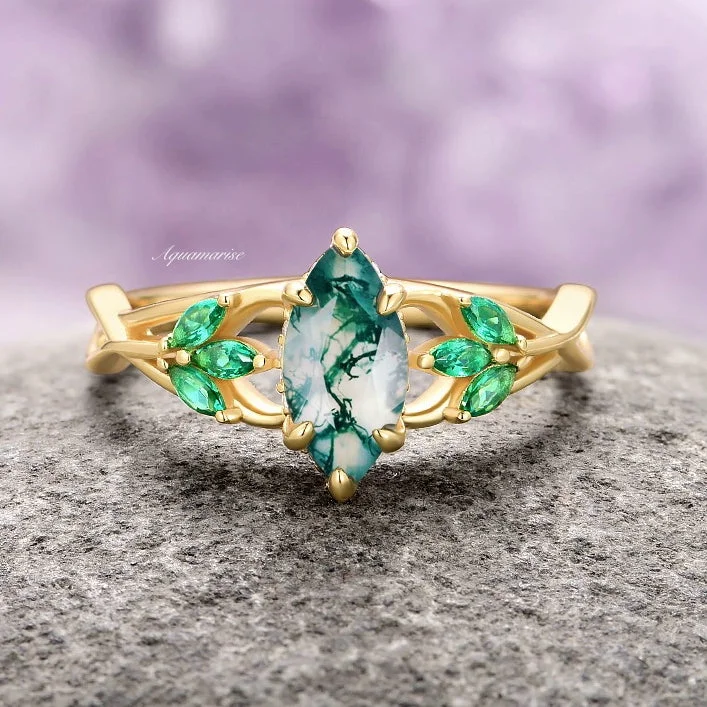 Special Deals On Handcrafted And Designer Jewelry Moss Agate & Emerald Celtic Knot Ring- 14K Yellow Gold Vermeil Special Deals On Handcrafted And Designer Jewelry Moss Agate & Emerald Celtic Knot Ring- 14K Yellow Gold Vermeil