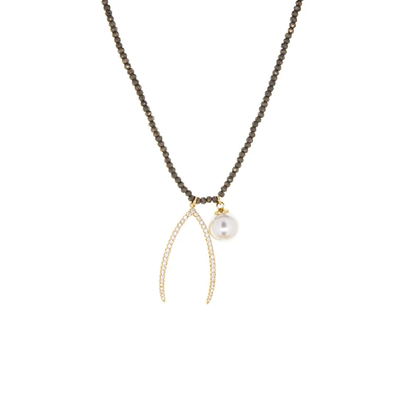 natural stone necklace with wishbone + pearl charms