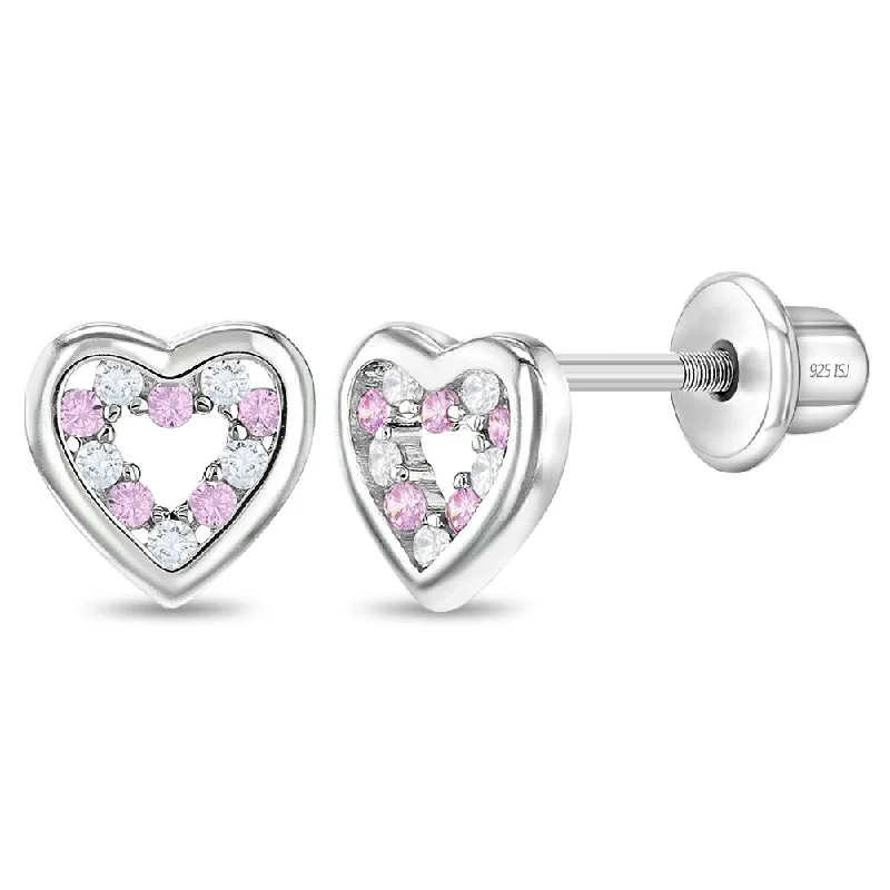 Best-Selling Jewelry Styles Now At Exclusive Discounts Open CZ Heart Pink & Clear Baby / Toddler / Kids Earrings Screw Back - Sterling Silver
