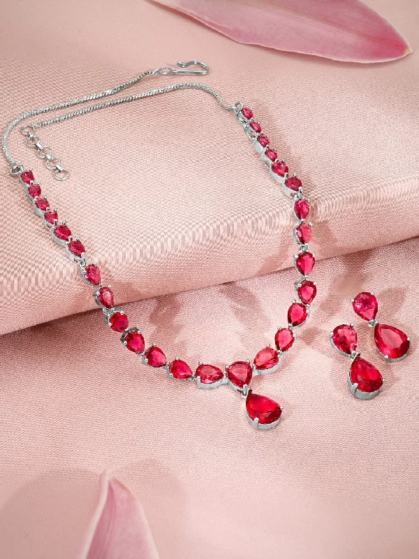 Unmissable Jewelry Discounts – Elevate Your Look For Less Premium Rhodium Plated Ruby Red Studded Statement Jewellery Set
