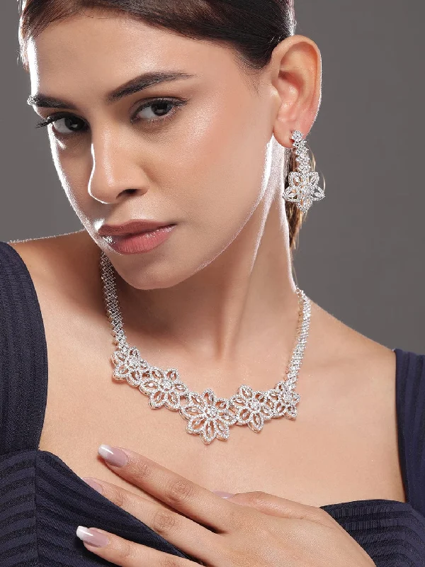 Elegant Jewelry Pieces At Unbelievable Prices Rubans Rhodium-Plated White Cubic Zirconia Studded Floral Premium Jewellery Set Elegant Jewelry Pieces At Unbelievable Prices Rubans Rhodium-Plated White Cubic Zirconia Studded Floral Premium Jewellery Set