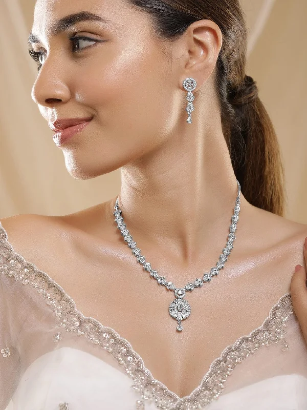 Once-A-Year Jewelry Sale – Grab Your Favorites Now Premium Rhodium Plated White Cubic Zirconia Studded Necklace Set with Floral Design