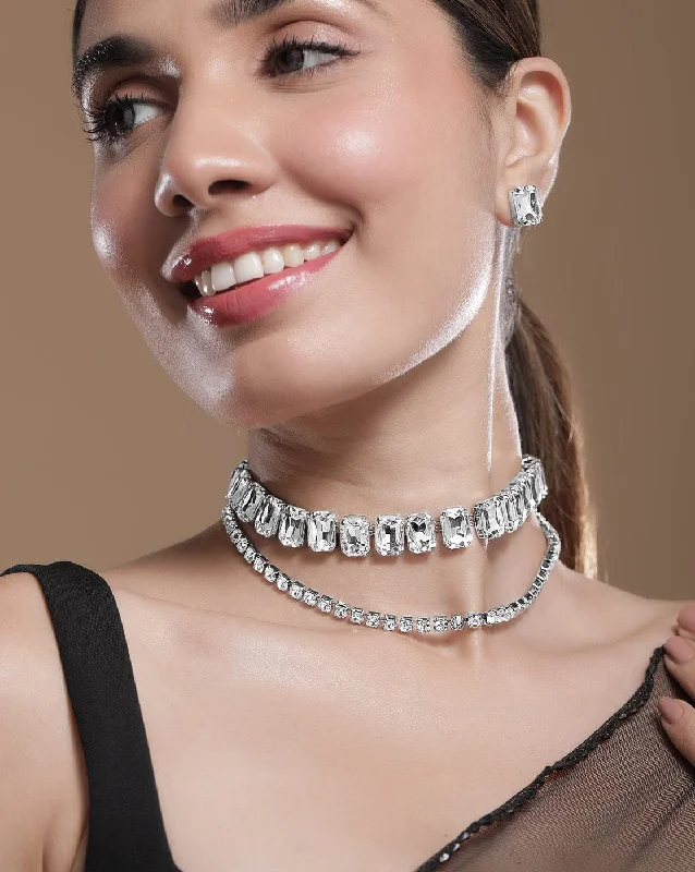 Affordable Glamour – Premium Jewelry For Less Rhodium Plated Crystal AD & Cubic Zirconia Studded Luxurious Necklace Set