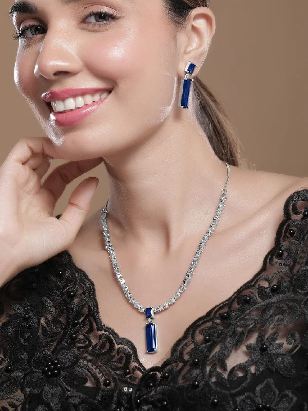Upgrade Your Collection With Our Limited-Time Jewelry Sale Rhodium Plated CZ Blue Stone Pendant Set