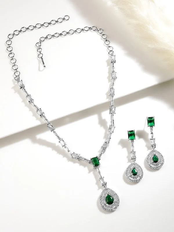 Timeless Jewelry, Timeless Savings – Don't Wait Rhodium Plated Emerald Teardrop Pendant Necklace Set with AD & Cubic Zirconia Studded